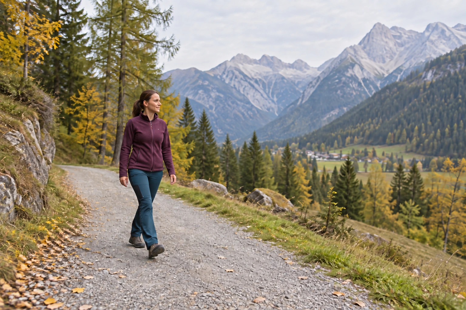 Una donna cammina su un facile sentiero alpino asciutto in autunno, prima della stagione della neve