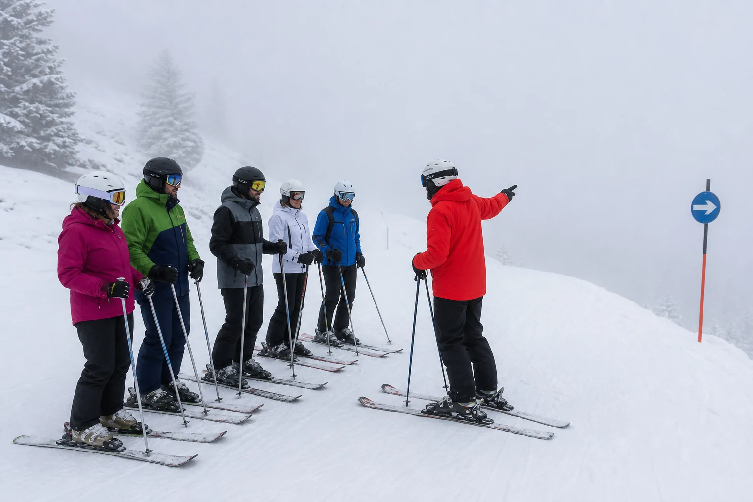 Maestro di sci che ricompone e conta cinque adulti principianti al bordo di una pista durante un banco di nebbia