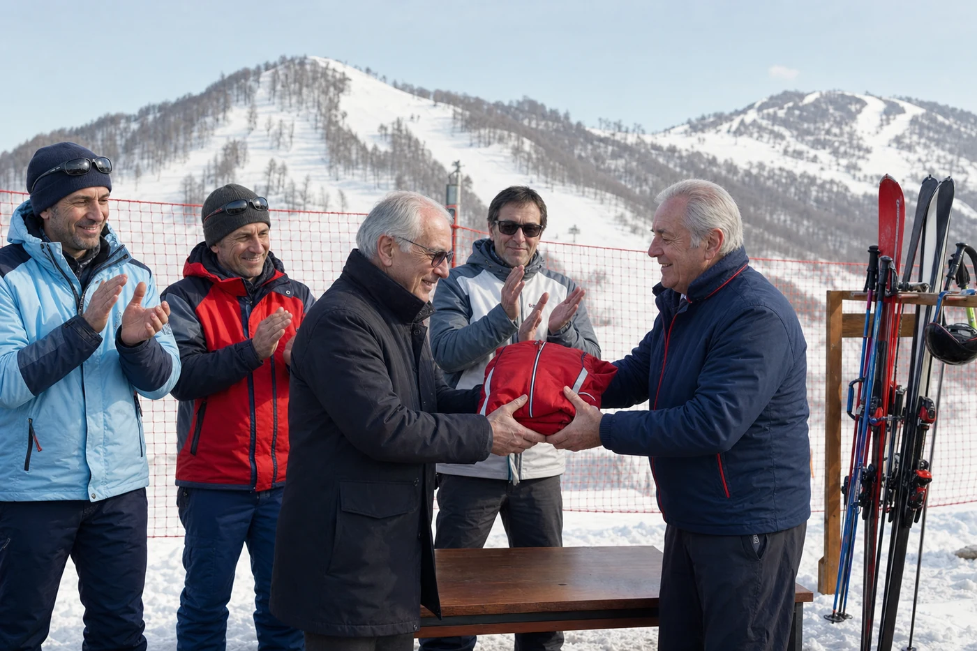Consegna simbolica di una giacca da sci durante una cerimonia sulla neve con maestri presenti