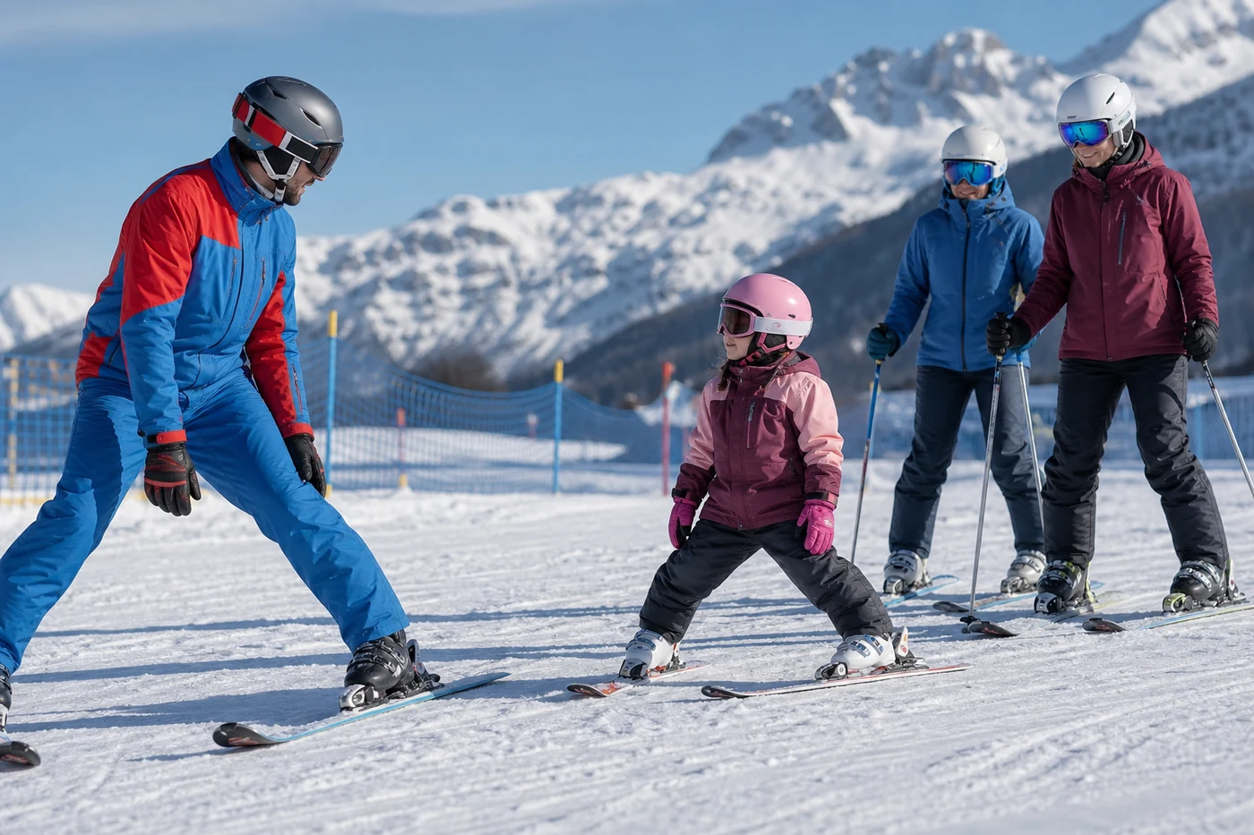 Maestro di sci che mostra lo spazzaneve a una bambina mentre la famiglia osserva sulla pista scuola